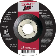 Sait - 60 Grit, 4" Wheel Diam, 5/8" Arbor Hole, Type 27 Depressed Center Wheel - Aluminum Oxide, Resinoid Bond, S Hardness, 19,000 Max RPM, Compatible with Angle Grinder - A1 Tooling