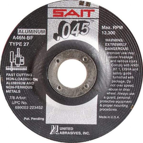 Sait - 46 Grit, 4-1/2" Wheel Diam, 7/8" Arbor Hole, Type 27 Depressed Center Wheel - Aluminum Oxide, Resinoid Bond, N Hardness, 13,300 Max RPM, Compatible with Angle Grinder - A1 Tooling