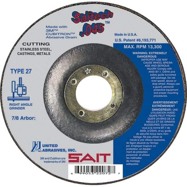 Sait - 5" Wheel Diam, 7/8" Arbor Hole, Type 27 Depressed Center Wheel - Ceramic, Resinoid Bond, 12,200 Max RPM, Compatible with Angle Grinder - A1 Tooling