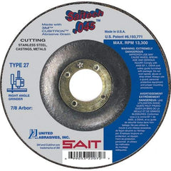 Sait - 6" Wheel Diam, 7/8" Arbor Hole, Type 27 Depressed Center Wheel - Ceramic, Resinoid Bond, 10,200 Max RPM, Compatible with Angle Grinder - A1 Tooling