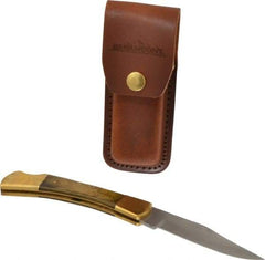 Paramount - 3-3/4" Blade, 8-1/2" OAL, Clip Point Folding Knife - 4-3/4" Closed Length, Wood, 1 Blade, Solid Brass Bolsters & Pins/Leather Sheath - A1 Tooling