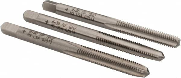 Cleveland - #8-36 UNF, 4 Flute, Bottoming, Plug & Taper, Bright Finish, High Speed Steel Tap Set - Right Hand Cut, 2-1/8" OAL, 0.38" Thread Length - A1 Tooling