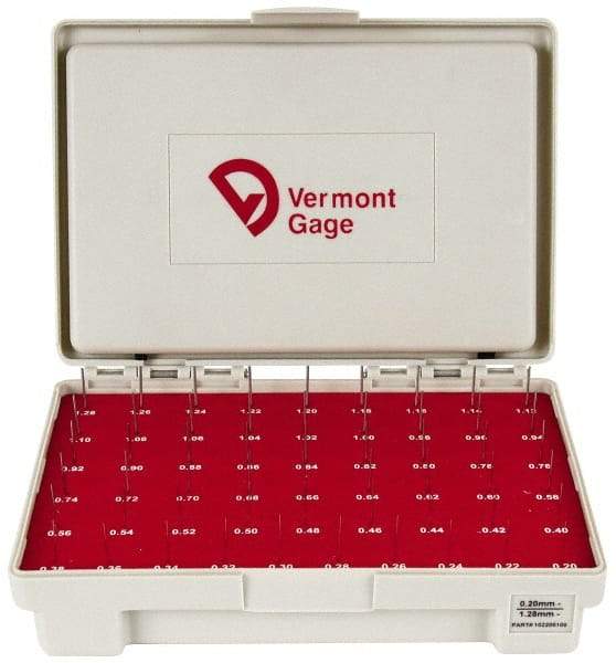 Vermont Gage - 55 Piece, 0.2-1.28 mm Diameter Plug and Pin Gage Set - Minus 0.01 mm Tolerance, Class ZZ - A1 Tooling