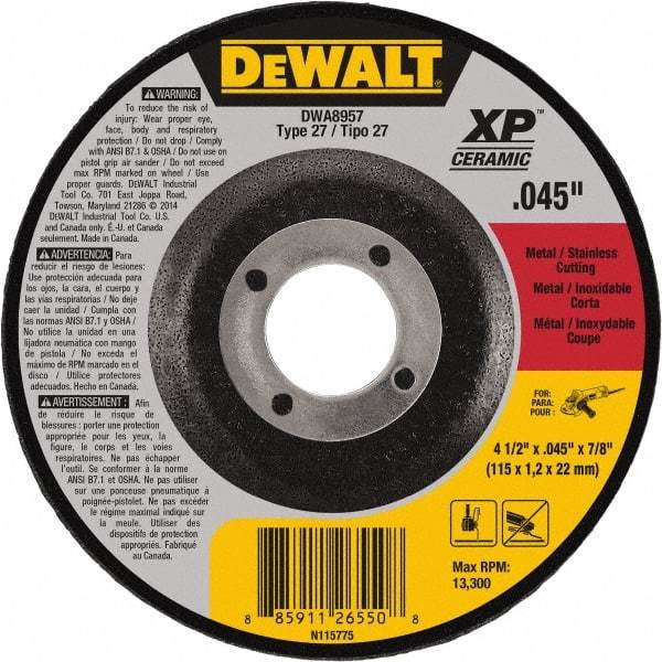 DeWALT - 24 Grit, 4-1/2" Wheel Diam, 7/8" Arbor Hole, Type 27 Depressed Center Wheel - Coarse/Medium Grade, Ceramic, N Hardness, 13,300 Max RPM - A1 Tooling