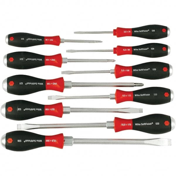 Wiha - 10 Piece Slotted & Phillips Screwdriver Set - Bit Sizes: Philips #1, #2 & #3, Comes in Box - A1 Tooling