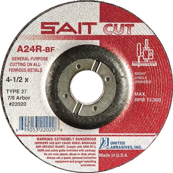 Sait - 24 Grit, 4" Wheel Diam, 1/8" Wheel Thickness, 3/8" Arbor Hole, Type 27 Depressed Center Wheel - Aluminum Oxide, Resinoid Bond, R Hardness, 13,500 Max RPM, Compatible with Angle Grinder - A1 Tooling