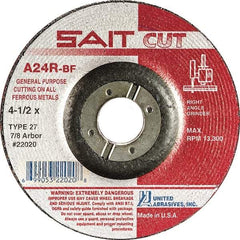 Sait - 24 Grit, 4" Wheel Diam, 1/8" Wheel Thickness, 3/8" Arbor Hole, Type 27 Depressed Center Wheel - Aluminum Oxide, Resinoid Bond, R Hardness, 13,500 Max RPM, Compatible with Angle Grinder - A1 Tooling