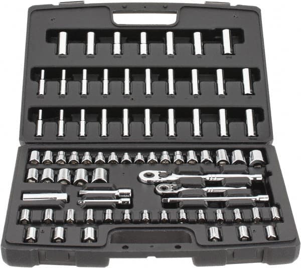 Stanley - 75 Piece 1/4 & 3/8" Drive Standard Deep Socket Set - 3/16 to 13/16", 4 to 19mm, Inch/Metric Measurement Standard - A1 Tooling