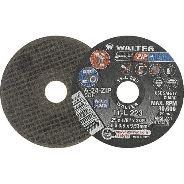 WALTER Surface Technologies - 2" 24 Grit Aluminum Oxide Cutoff Wheel - 1/8" Thick, 3/8" Arbor, 30,600 Max RPM, Use with Die Grinders - A1 Tooling