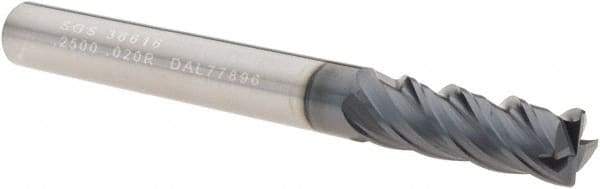 SGS - 1/4", 4 Flute, Single End, Solid Carbide, 0.0150 - 0.0200" Corner Radius End Mill - 2-1/2" OAL, Right Hand Flute, 3/4" LOC, Right Hand Cut - A1 Tooling