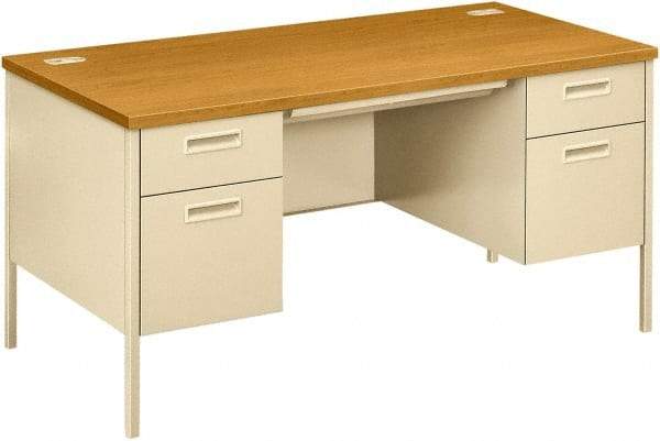 Hon - Laminate Top & Metal Base Double Pedestal Desk with Center Drawer - 60" Wide x 30" Deep x 29-1/2" High, Harvest/Putty - A1 Tooling