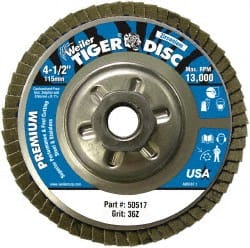 Weiler - 4-1/2" 36 Grit 5/8-11 Center Hole Type 29 Zirconia Alumina Flap Disc - A1 Tooling