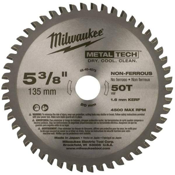 Milwaukee Tool - 5-3/8" Diam, 20mm Arbor Hole Diam, 50 Tooth Wet & Dry Cut Saw Blade - Carbide-Tipped, Standard Round Arbor - A1 Tooling