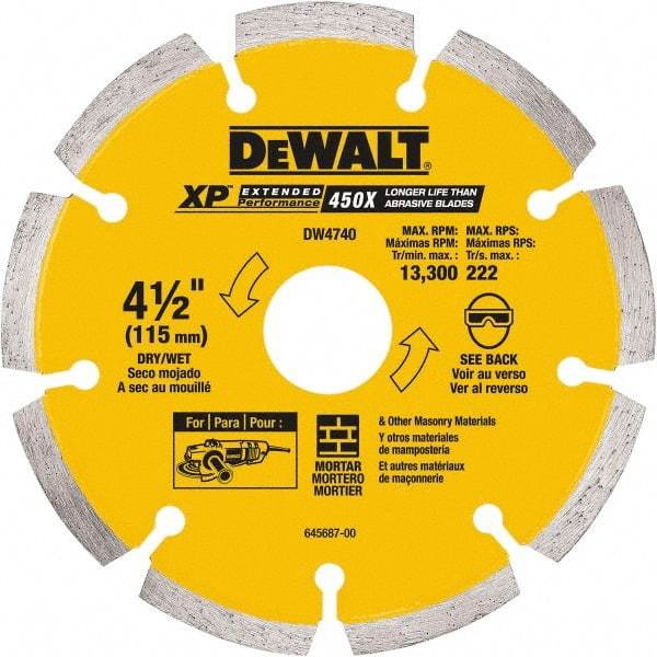 DeWALT - 4-1/2" Diam, 7/8" Arbor Hole Diam, Wet & Dry Cut Saw Blade - Diamond-Tipped, Standard Round Arbor - A1 Tooling