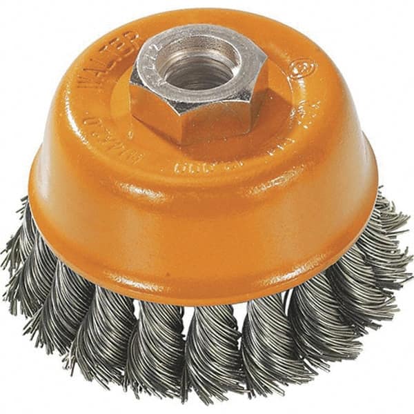 WALTER Surface Technologies - 3" Diam, 5/8-11 Threaded Arbor, Steel Fill Cup Brush - 0.02 Wire Diam, 12,000 Max RPM - A1 Tooling