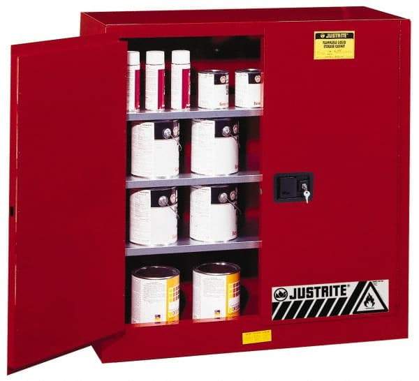 Justrite - 2 Door, 3 Shelf, Red Steel Standard Safety Cabinet for Flammable and Combustible Liquids - 44" High x 43" Wide x 18" Deep, Manual Closing Door, 3 Point Key Lock, 40 Gal Capacity - A1 Tooling