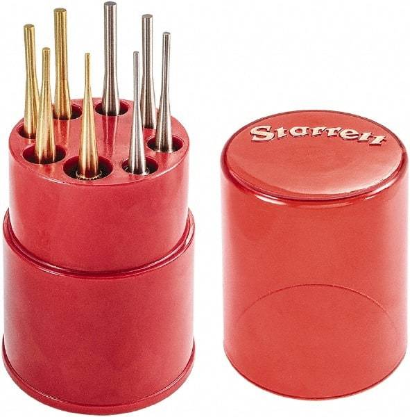 Starrett - 8 Piece, 1/16 to 5/32", Pin Punch Set - Round Shank, Brass & Steel, Comes in Plastic Tube - A1 Tooling