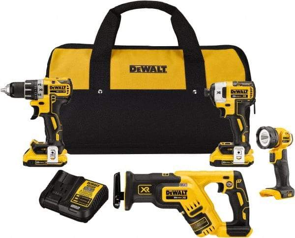 DeWALT - 20 Volt Cordless Tool Combination Kit - Includes 1/2" Drill/Driver, 1/4" Impact Driver, Reciprocating Saw & LED Worklight, Lithium-Ion Battery Included - A1 Tooling