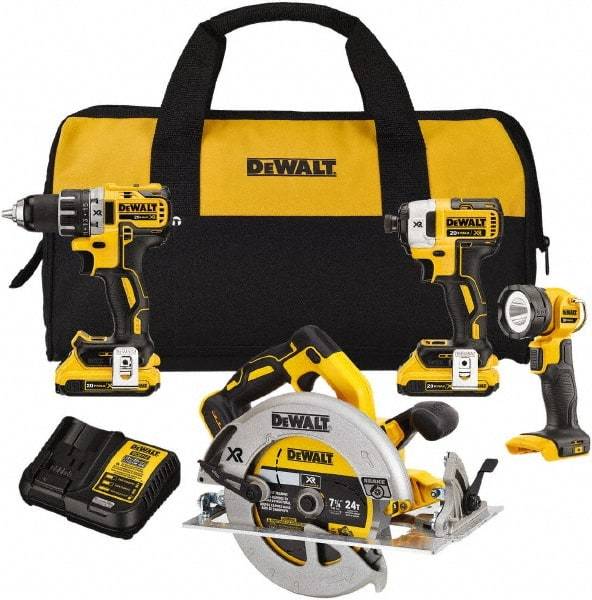 DeWALT - 20 Volt Cordless Tool Combination Kit - Includes 1/2" Drill/Driver, 1/4" Impact Driver, 7-1/4 Circular Saw & LED Worklight, Lithium-Ion Battery Included - A1 Tooling