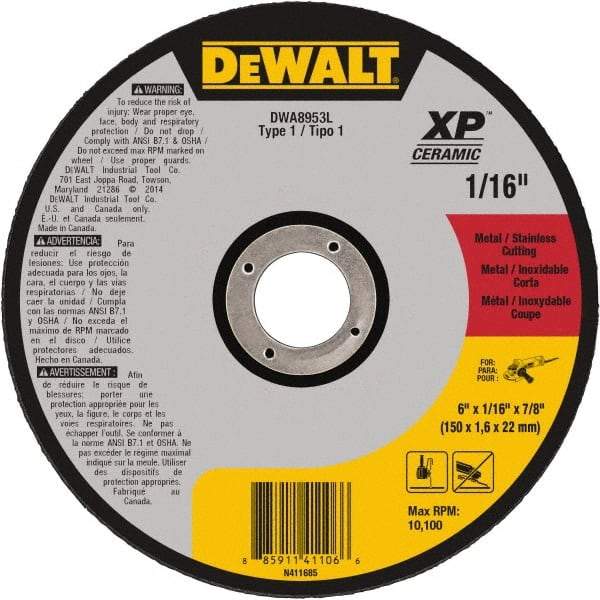 DeWALT - 6" Ceramic Cutoff Wheel - 0.04" Thick, 7/8" Arbor, 10,100 Max RPM, Use with Angle Grinders - A1 Tooling