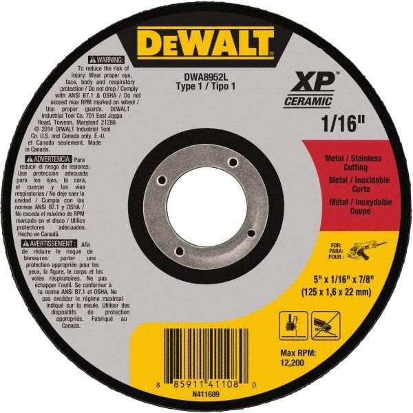 DeWALT - 5" Ceramic Cutoff Wheel - 0.04" Thick, 7/8" Arbor, 12,200 Max RPM, Use with Angle Grinders - A1 Tooling