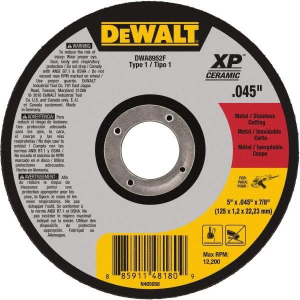 DeWALT - 5" Ceramic Cutoff Wheel - 0.045" Thick, 7/8" Arbor, 12,200 Max RPM, Use with Angle Grinders - A1 Tooling