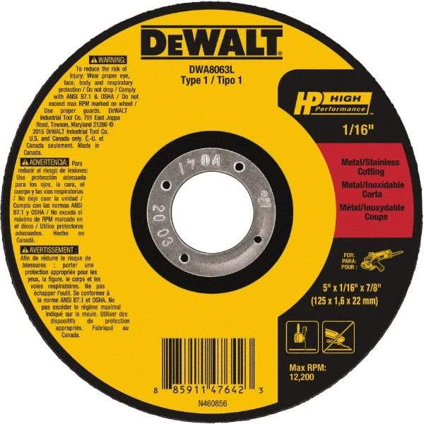 DeWALT - 5" Aluminum Oxide Cutoff Wheel - 0.04" Thick, 7/8" Arbor, 12,200 Max RPM, Use with Angle Grinders - A1 Tooling