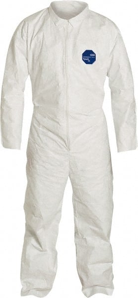 Disposable Coveralls: Size X-Large, 1.2 oz, Film Laminate, Zipper Closure White, Serged Seam, Open Cuff, Open Ankle, ISO Non-Cleanroom Class