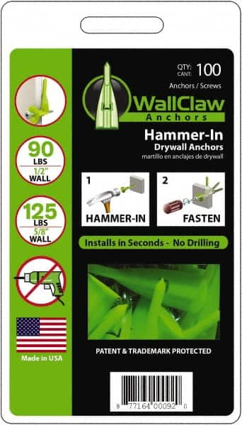 WallClaw Anchors - #8 Screw, 1/2" Diam, 2" Long, 1/4" Thick, Hammer-In Drywall & Hollow Wall Anchor - Nylon, Use with Drywall & Hollow Wall - A1 Tooling