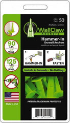 WallClaw Anchors - #8 Screw, 1/2" Diam, 2" Long, 1/4" Thick, Hammer-In Drywall & Hollow Wall Anchor - Nylon, Use with Drywall & Hollow Wall - A1 Tooling