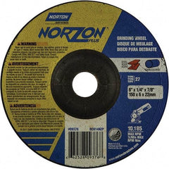 Norton - 20 Grit, 6" Wheel Diam, 1/4" Wheel Thickness, 7/8" Arbor Hole, Type 27 Depressed Center Wheel - Extra Coarse Grade, Ceramic, 10,185 Max RPM - A1 Tooling