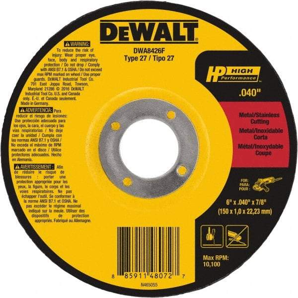 DeWALT - 6" Wheel Diam, 7/8" Arbor Hole, Type 27 Depressed Center Wheel - Fine/Coarse Grade, Aluminum Oxide, 10,100 Max RPM - A1 Tooling