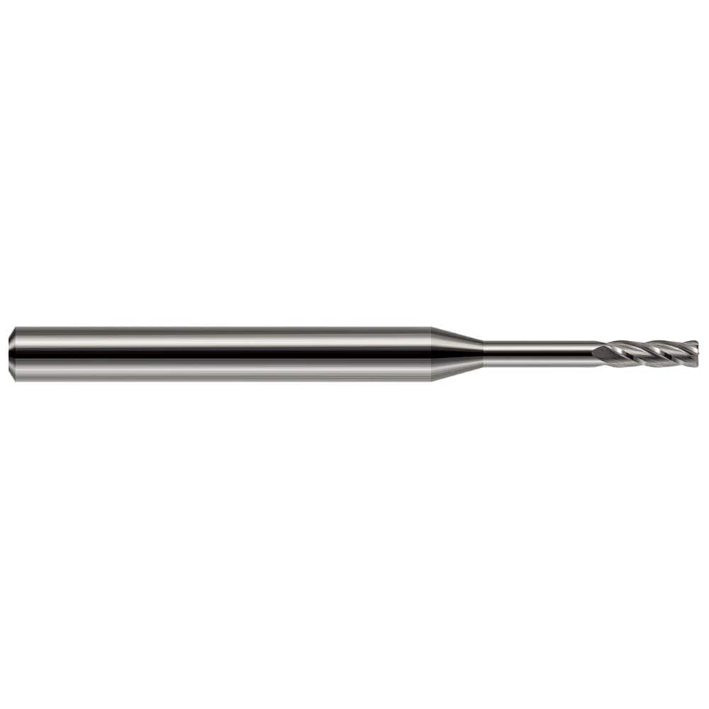 Corner Radius End Mill: 0.093″ Dia, 0.279″ LOC, 0.02″ Radius, 4 Flutes, Solid Carbide 2″ OAL, 1″ Shank Dia, Helix, Bright/Uncoated, Corner Radius End, Centercutting