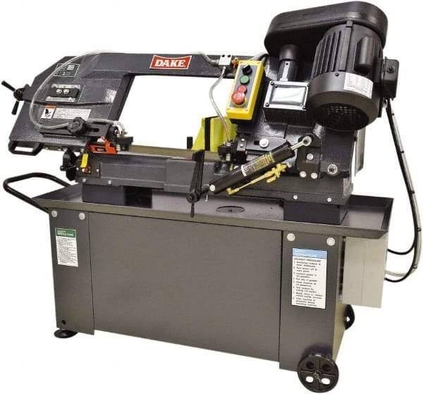 Dake - 9 x 12" Max Capacity, Manual Step Pulley Horizontal Bandsaw - 98 to 328 SFPM Blade Speed, 110 Volts, 45°, 1 hp, 1 Phase - A1 Tooling