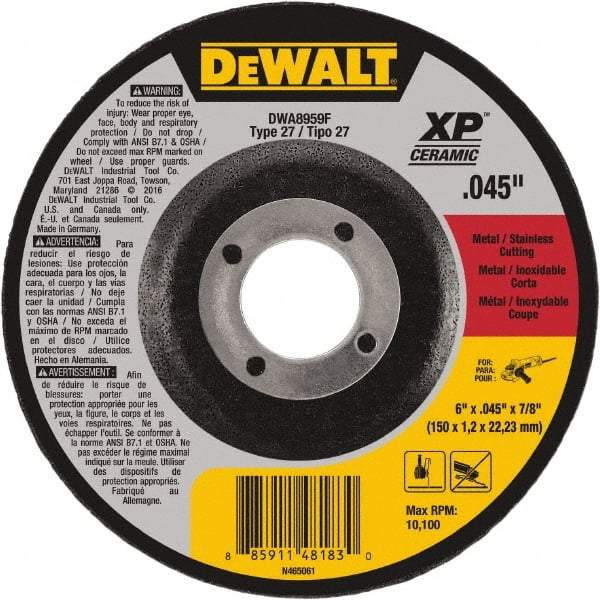 DeWALT - 6" Wheel Diam, 7/8" Arbor Hole, Type 27 Depressed Center Wheel - Fine/Coarse Grade, Aluminum Oxide, 10,100 Max RPM - A1 Tooling