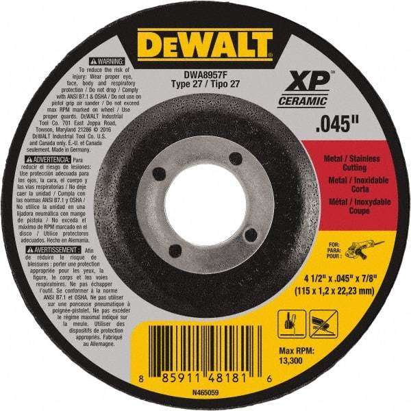 DeWALT - 4-1/2" Wheel Diam, 7/8" Arbor Hole, Type 27 Depressed Center Wheel - Fine/Coarse Grade, Ceramic, 13,300 Max RPM - A1 Tooling