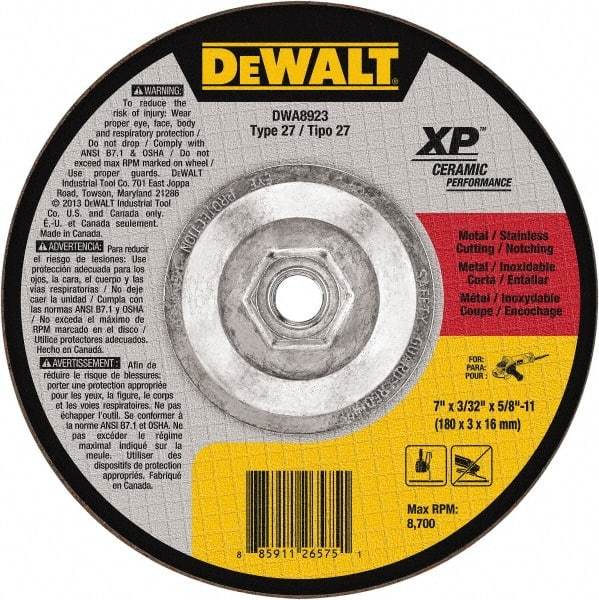 DeWALT - 7" Wheel Diam, 3/32" Wheel Thickness, 5/8" Arbor Hole, Type 27 Depressed Center Wheel - Fine/Coarse Grade, Ceramic, 8,700 Max RPM - A1 Tooling