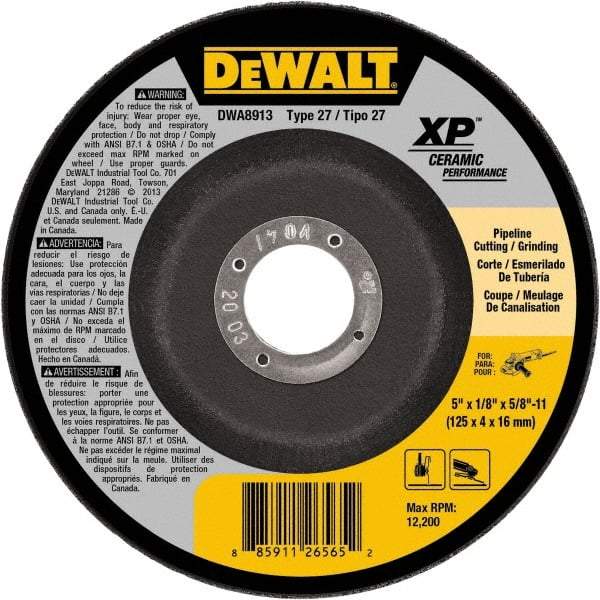 DeWALT - 5" Wheel Diam, 1/8" Wheel Thickness, 5/8" Arbor Hole, Type 27 Depressed Center Wheel - Fine/Coarse Grade, Ceramic, 12,200 Max RPM - A1 Tooling