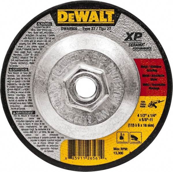 DeWALT - 4-1/2" Wheel Diam, 1/4" Wheel Thickness, 5/8" Arbor Hole, Type 27 Depressed Center Wheel - Fine/Coarse Grade, Ceramic, 13,300 Max RPM - A1 Tooling