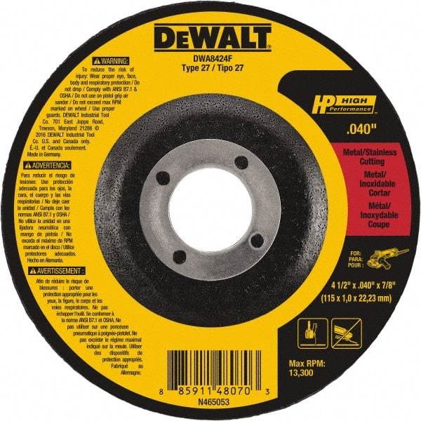 DeWALT - 4-1/2" Wheel Diam, 7/8" Arbor Hole, Type 27 Depressed Center Wheel - Fine/Coarse Grade, Aluminum Oxide, 13,300 Max RPM - A1 Tooling