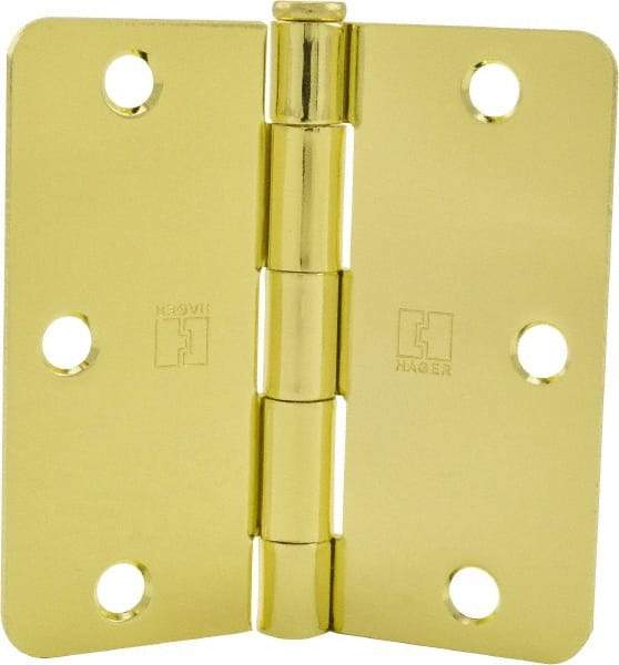 Hager - 3-1/2" Wide x 3-1/2" High 1/4 Radius Residential Hinge - Round Edge, Steel, Bright Brass Finish - A1 Tooling