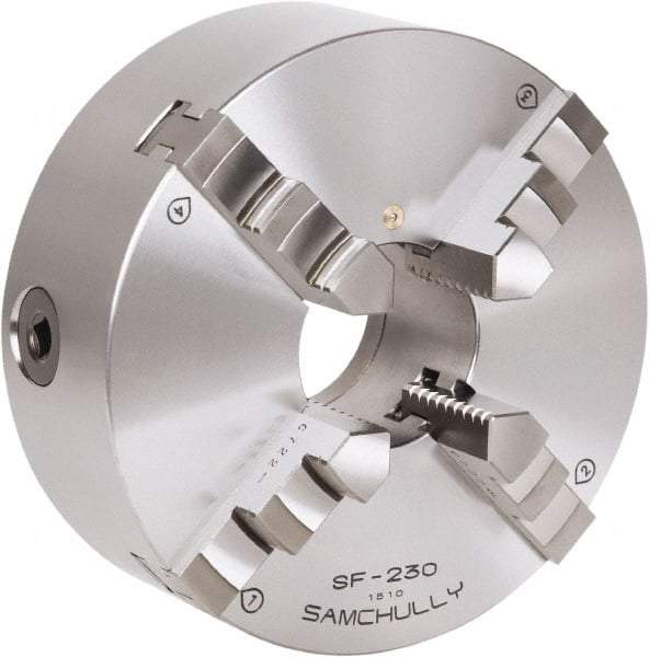 Samchully - 4 Jaw, 192mm Diam, Self Centering Manual Lathe Chuck - Rear Mount, Adjustable, 57mm Through Hole Diam, Forged Steel - A1 Tooling