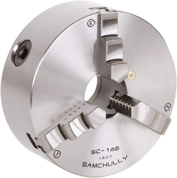 Samchully - 3 Jaw, 405mm Diam, Self Centering Manual Lathe Chuck - Rear Mount, Adjustable, 130mm Through Hole Diam, Forged Steel - A1 Tooling