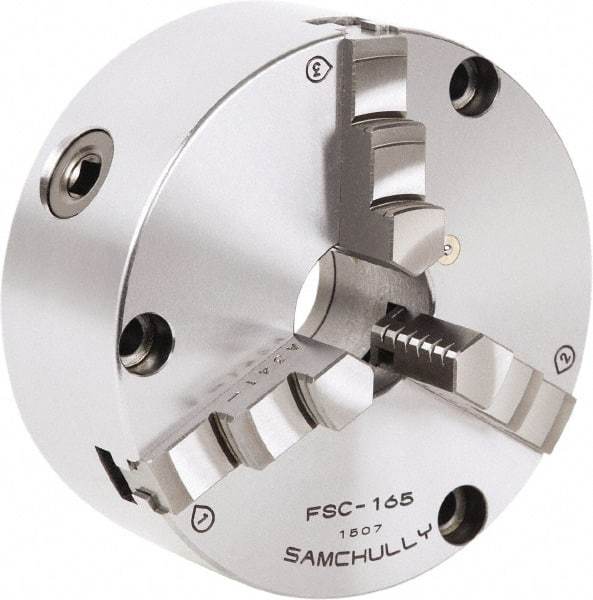 Samchully - 3 Jaw, 232mm Diam, Self Centering Manual Lathe Chuck - Front Mount, Adjustable, 75mm Through Hole Diam, Forged Steel - A1 Tooling