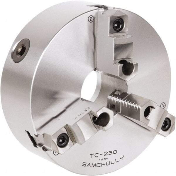 Samchully - 3 Jaw, 310mm Diam, Self Centering Manual Lathe Chuck - Rear Mount, Adjustable, 100mm Through Hole Diam, Forged Steel - A1 Tooling