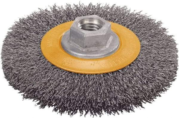 WALTER Surface Technologies - 4-1/2" OD, 5/8-11 Arbor Hole, Crimped Stainless Steel Wheel Brush - 5/8" Face Width, 1" Trim Length, 0.0118" Filament Diam, 12,500 RPM - A1 Tooling