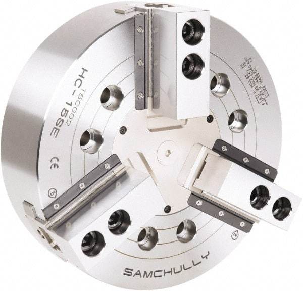 Samchully - 3 Jaw, 450mm Chuck Diam, Plain Back Mount, 0mm Through Hole Diam, Drawbar Hydraulic Power Lathe Chuck - 1.5mm x 60° Serrated Jaw Interface, 2,710 RPM, Steel Body - A1 Tooling