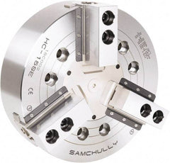 Samchully - 3 Jaw, 381mm Chuck Diam, Plain Back Mount, 0mm Through Hole Diam, Drawbar Hydraulic Power Lathe Chuck - 1.5mm x 60° Serrated Jaw Interface, 3,040 RPM, Steel Body - A1 Tooling