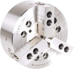 Samchully - 3 Jaw, 254mm Chuck Diam, Plain Back Mount, 0mm Through Hole Diam, Drawbar Hydraulic Power Lathe Chuck - 1.5mm x 60° Serrated Jaw Interface, 4,010 RPM, Steel Body - A1 Tooling