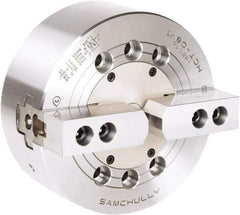 Samchully - 2 Jaw, 165mm Chuck Diam, Plain Back Mount, 0mm Through Hole Diam, Drawbar Hydraulic Power Lathe Chuck - 1.5mm x 60° Serrated Jaw Interface, 5,000 RPM, Steel Body - A1 Tooling